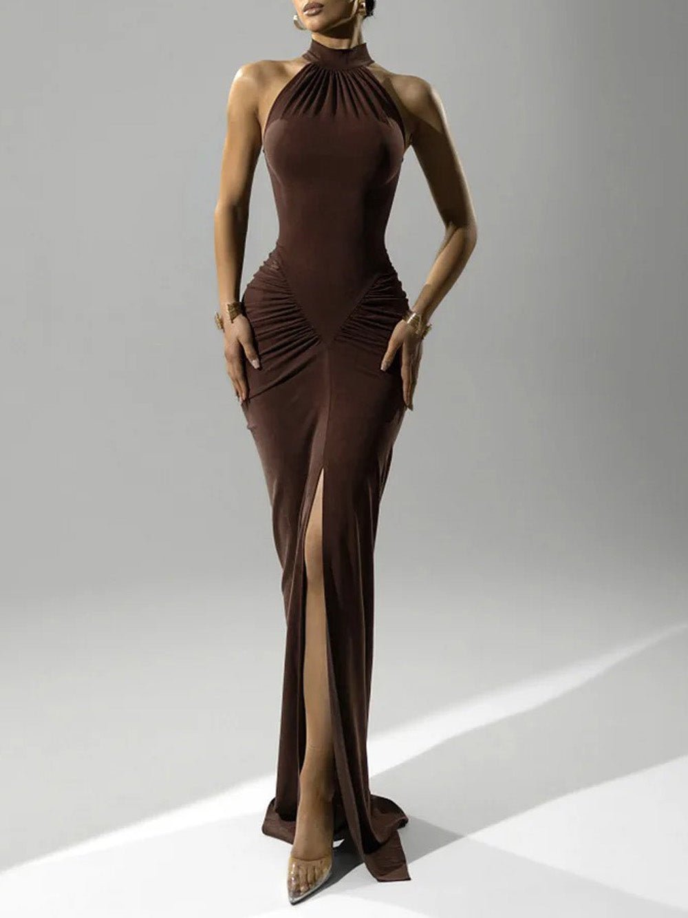 Ariana Halter Ruched Maxi Dress - Fashion Pov