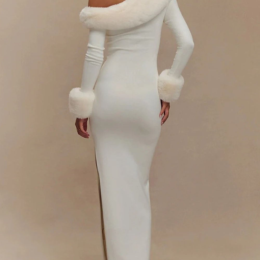 Aurora One Shoulder Fur Trim Gown - Fashion Pov