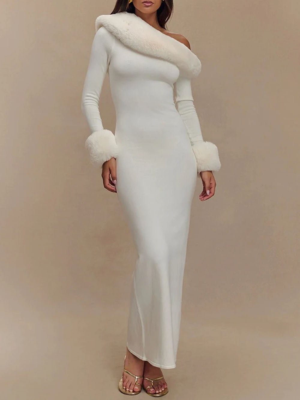 Aurora One Shoulder Fur Trim Gown - Fashion Pov