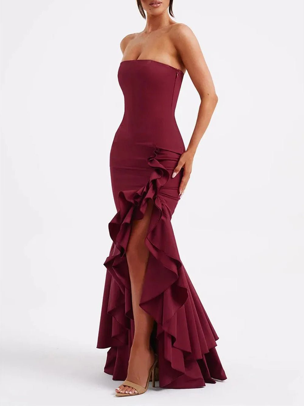 Eliza Strapless Split Ruffle Maxi Dress - Fashion Pov