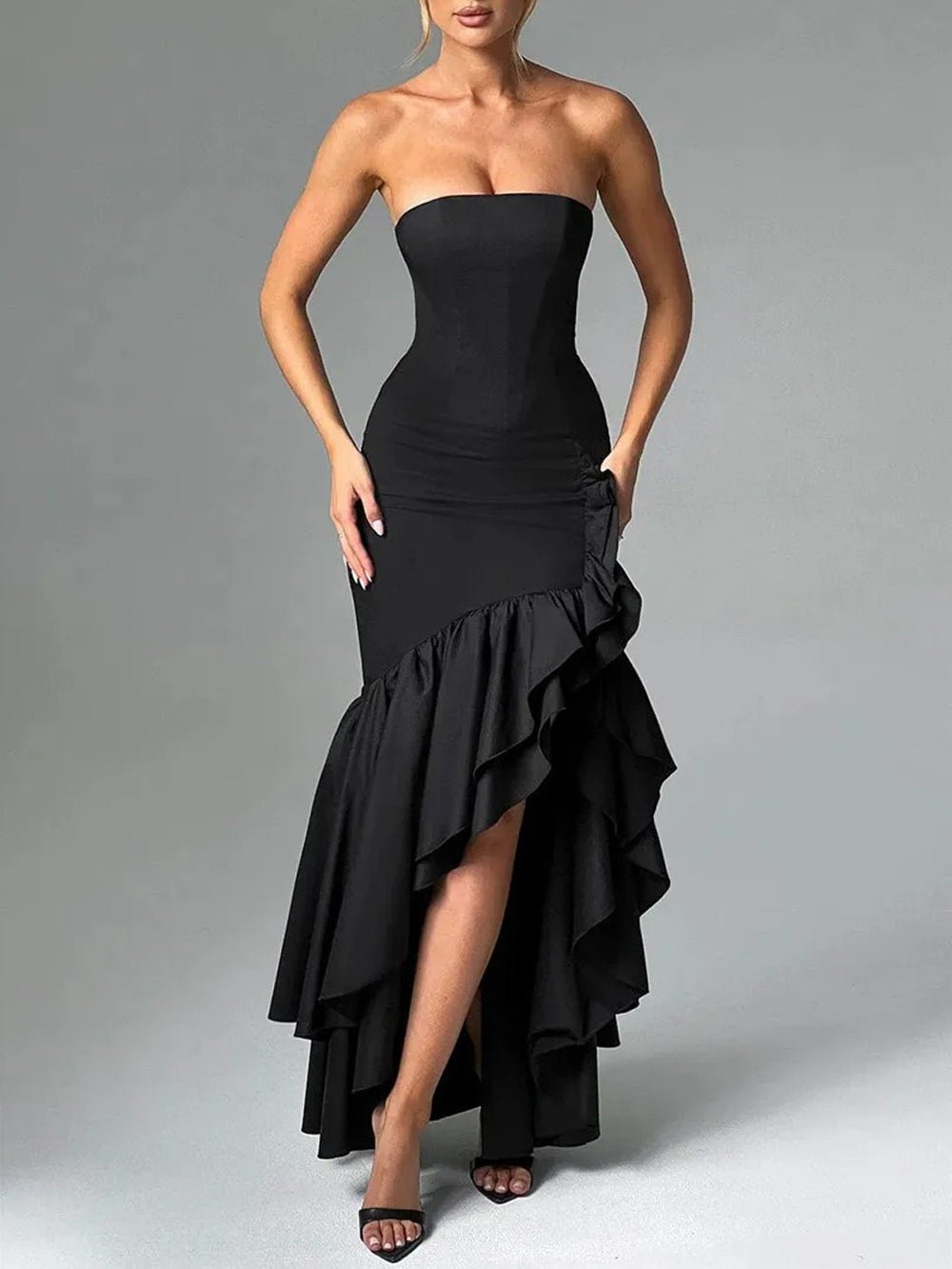 Eliza Strapless Split Ruffle Maxi Dress - Fashion Pov