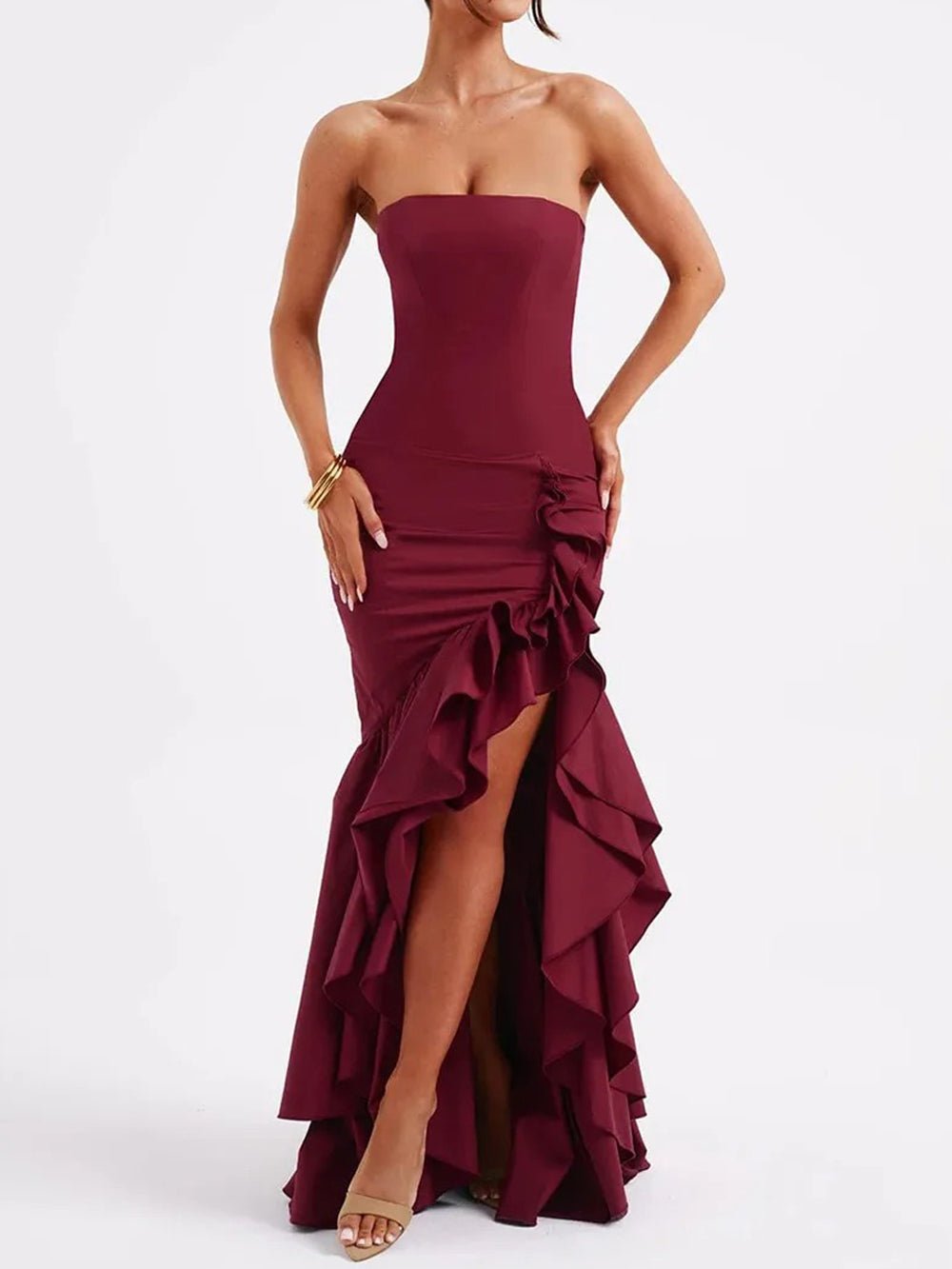 Eliza Strapless Split Ruffle Maxi Dress - Fashion Pov