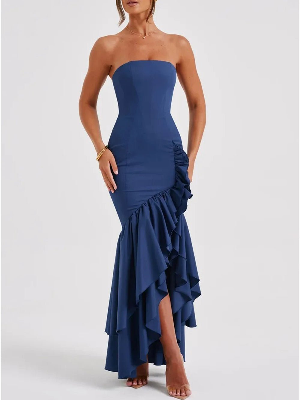 Eliza Strapless Split Ruffle Maxi Dress - Fashion Pov
