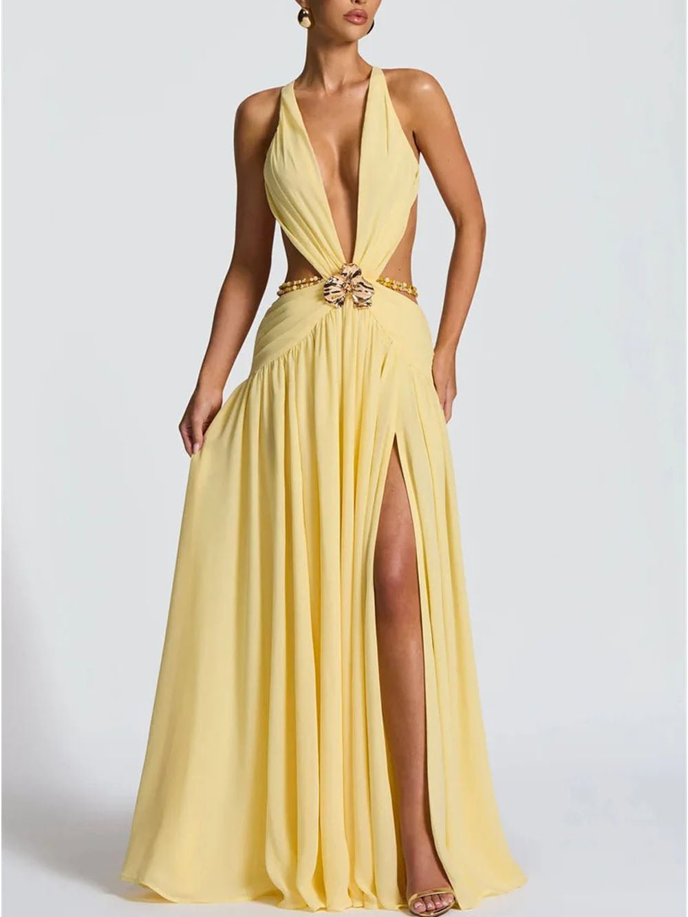 Marina Deep V Buckle Maxi Dress - Fashion Pov