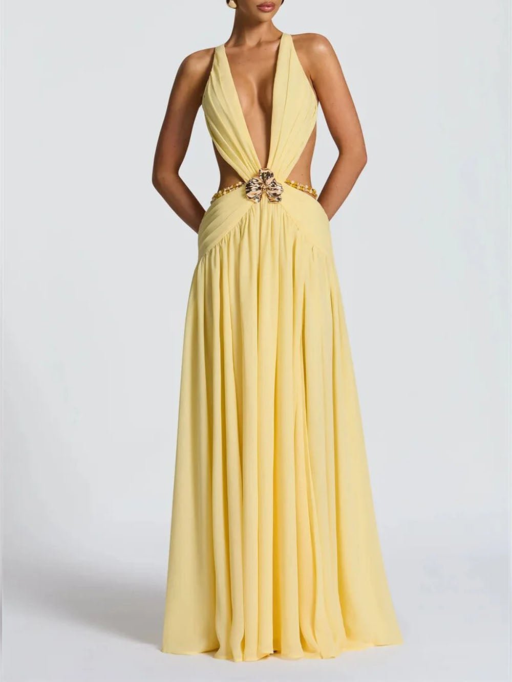 Marina Deep V Buckle Maxi Dress - Fashion Pov