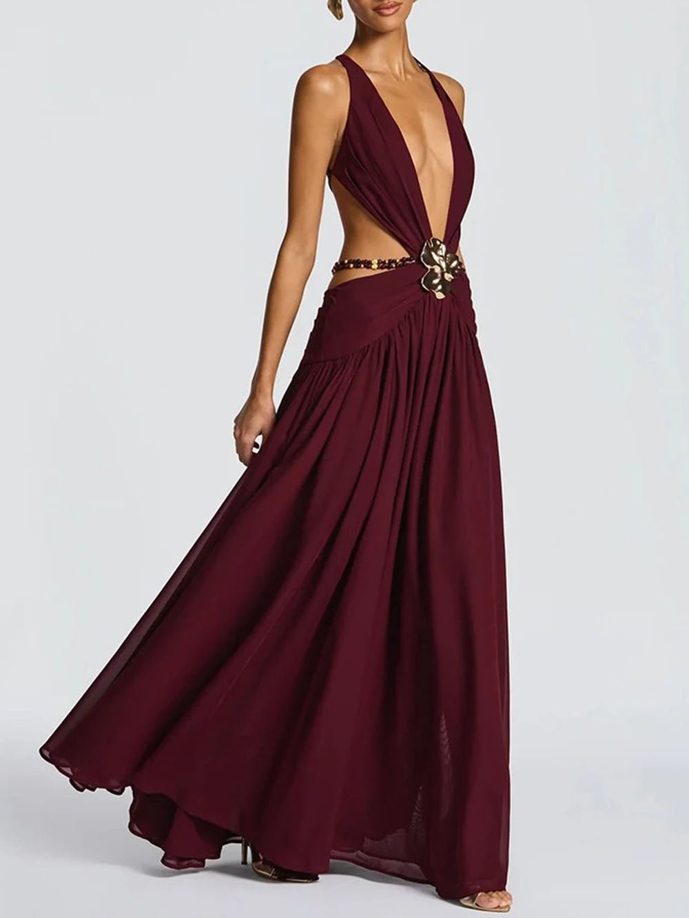 Marina Deep V Buckle Maxi Dress - Fashion Pov