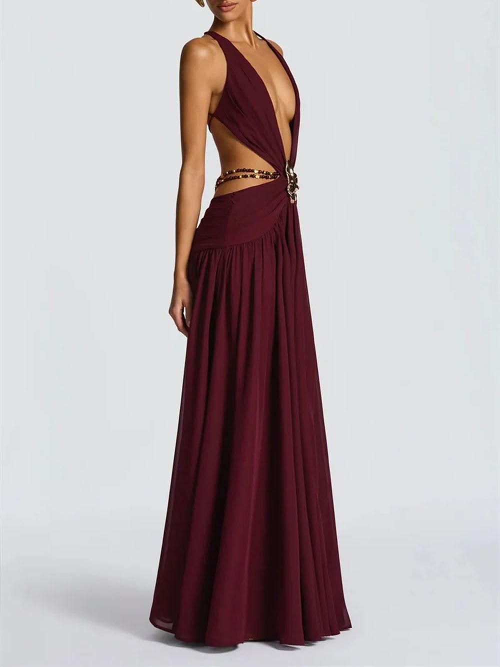 Marina Deep V Buckle Maxi Dress - Fashion Pov