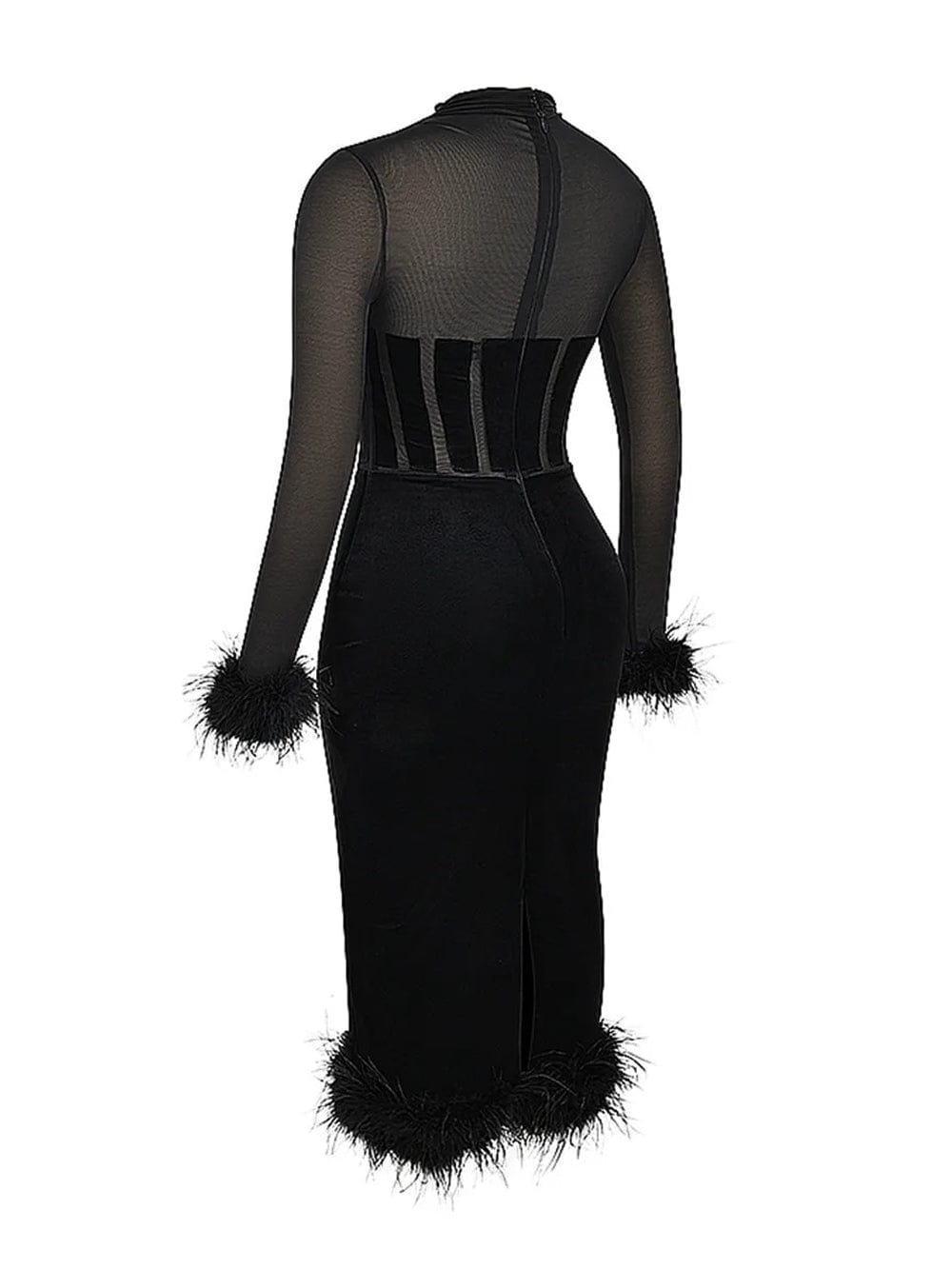 Mary Backless Bodycon Feather Midi Dress - Fashion Pov