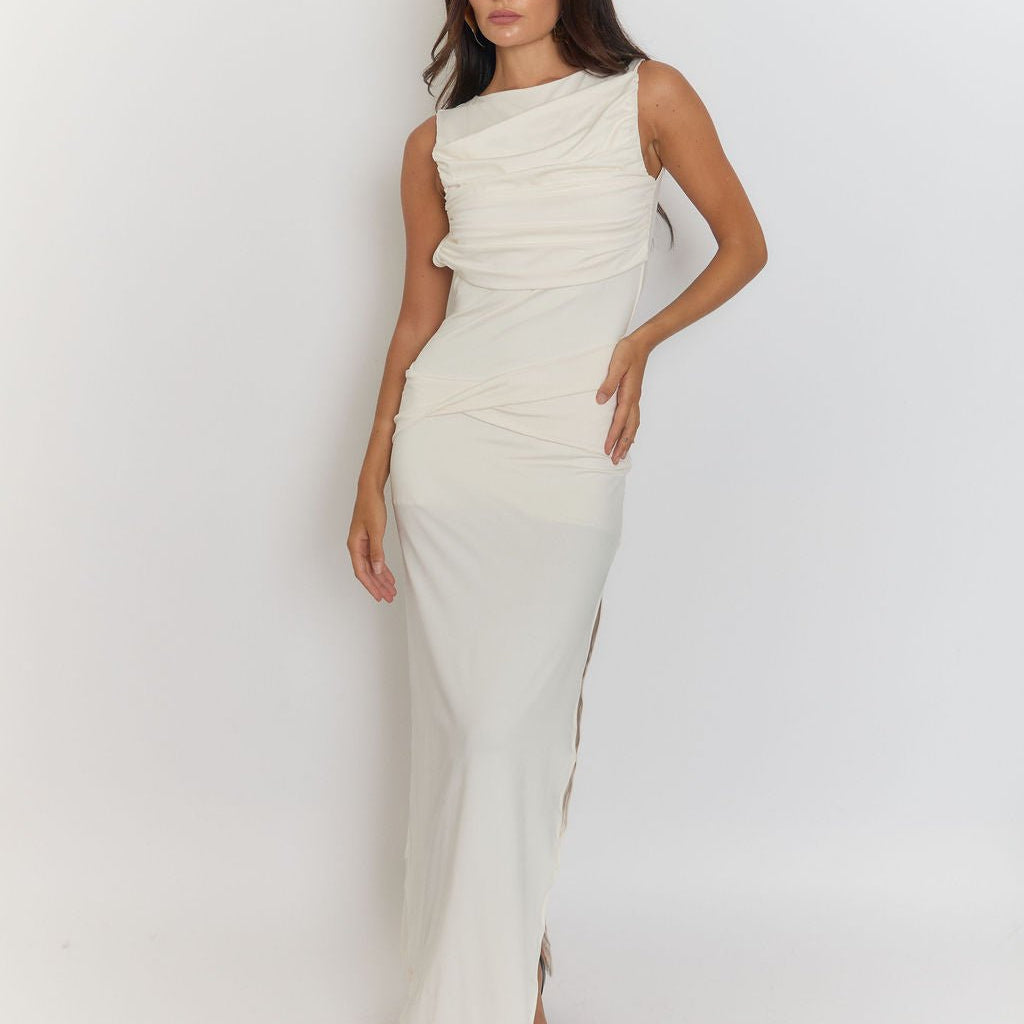 Milan Backless Ruched Maxi Dress - Fashion Pov