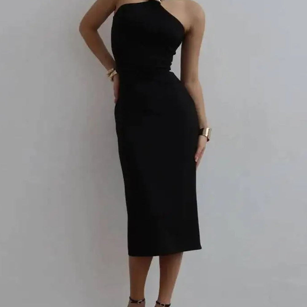 Nadia Asymmetric Halter Midi Dress - Fashion Pov