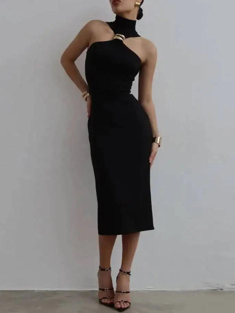 Nadia Asymmetric Halter Midi Dress - Fashion Pov