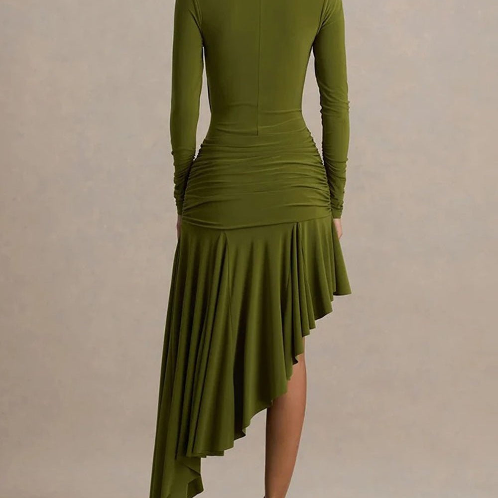 Olivia Asymmetric Ruched Midi Dress - Fashion Pov