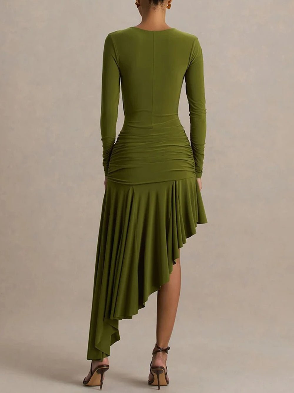 Olivia Asymmetric Ruched Midi Dress - Fashion Pov