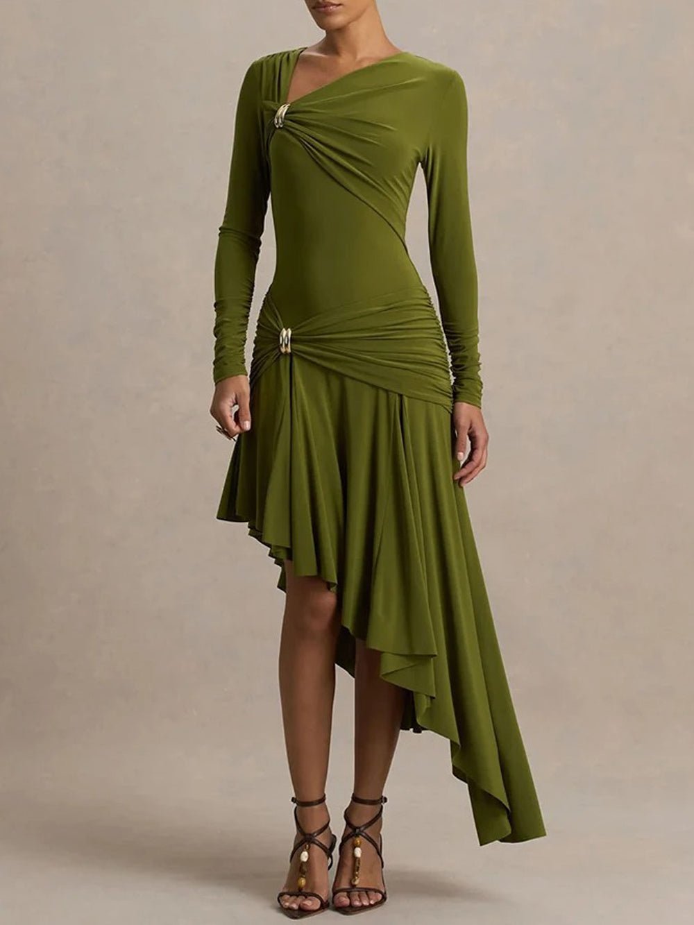 Olivia Asymmetric Ruched Midi Dress - Fashion Pov