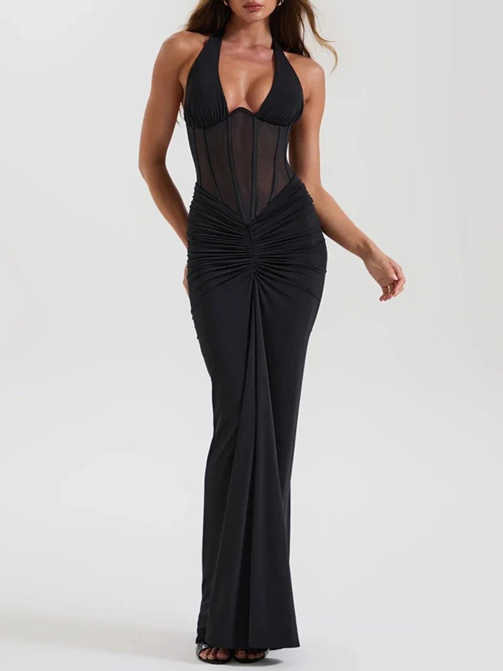 Valencia Halter Ruched Maxi Dress - Fashion Pov