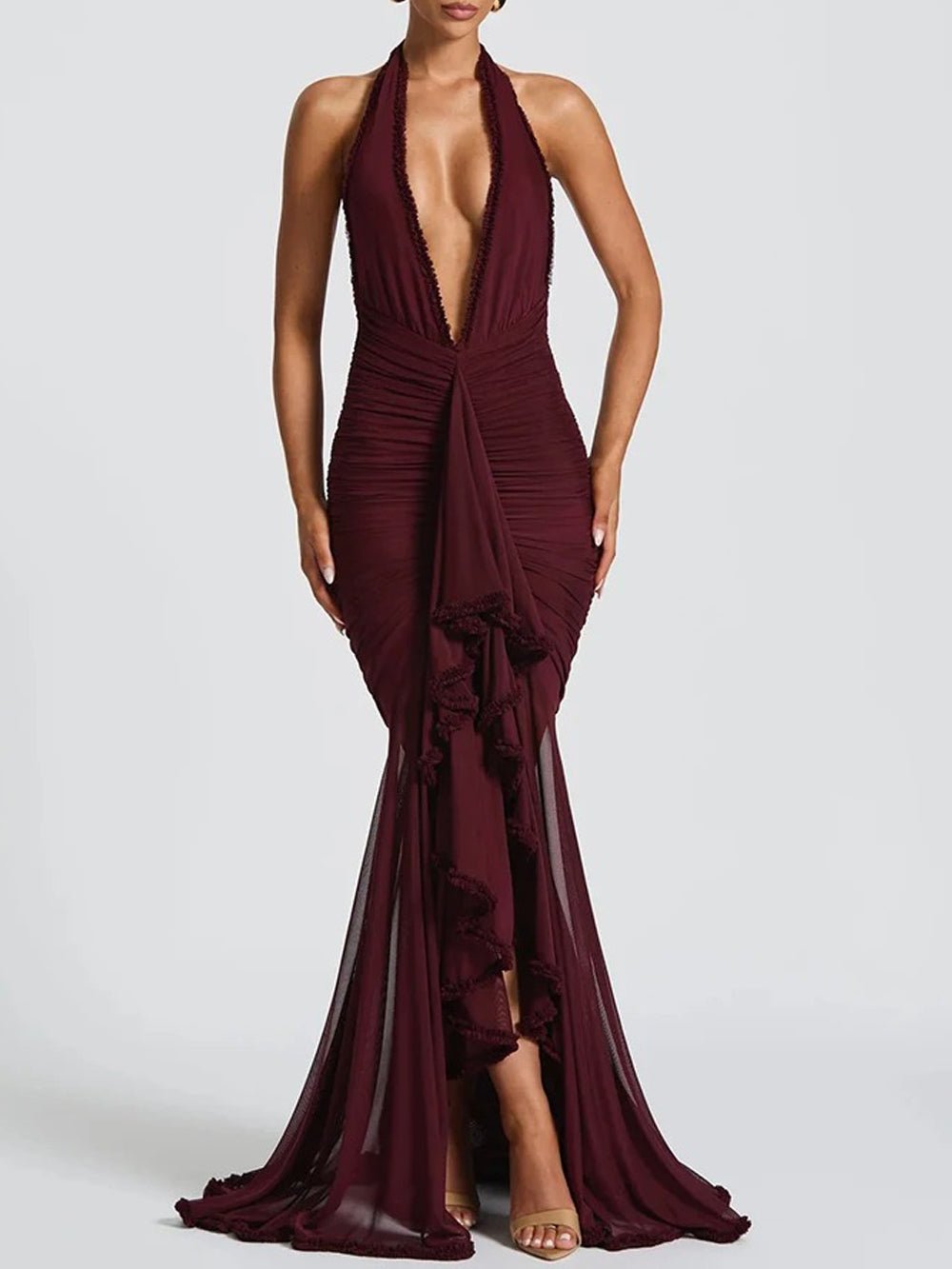 Viviana Halter Ruched Maxi Dress Merlot - Fashion Pov