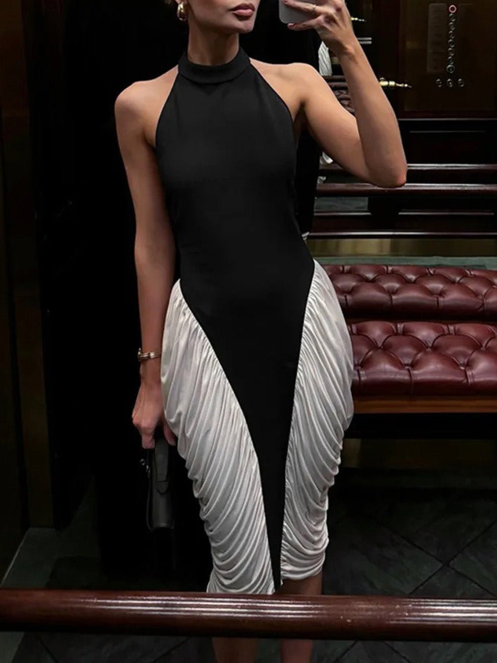 Vivienne Contrast Pleated Midi Dress - Fashion Pov