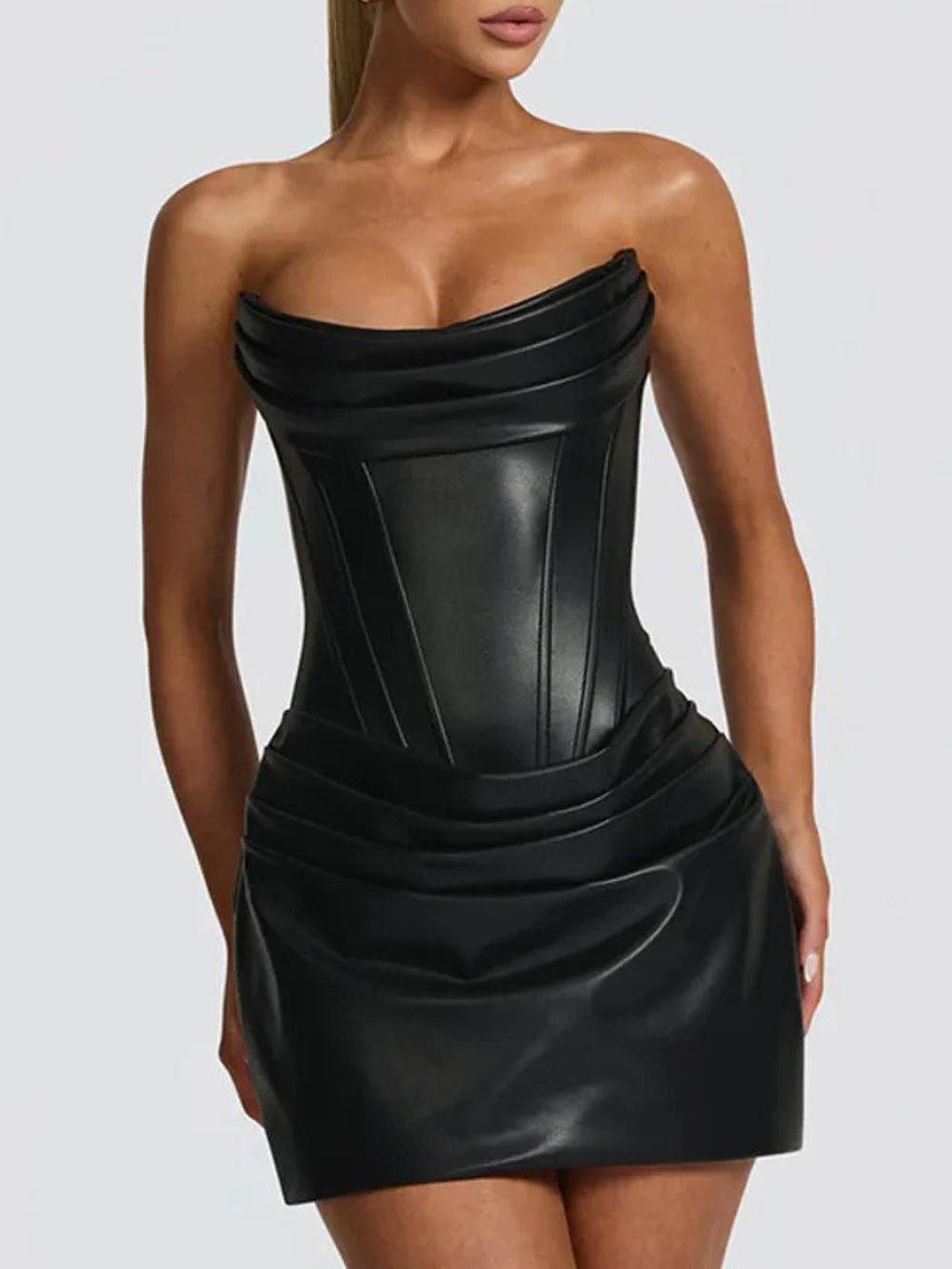 Vivienne Ruched Faux Leather Mini Dress - Fashion Pov