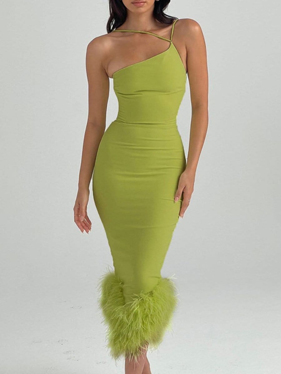 Sonia One Shoulder Feather Midi Dress - Fashion Pov
